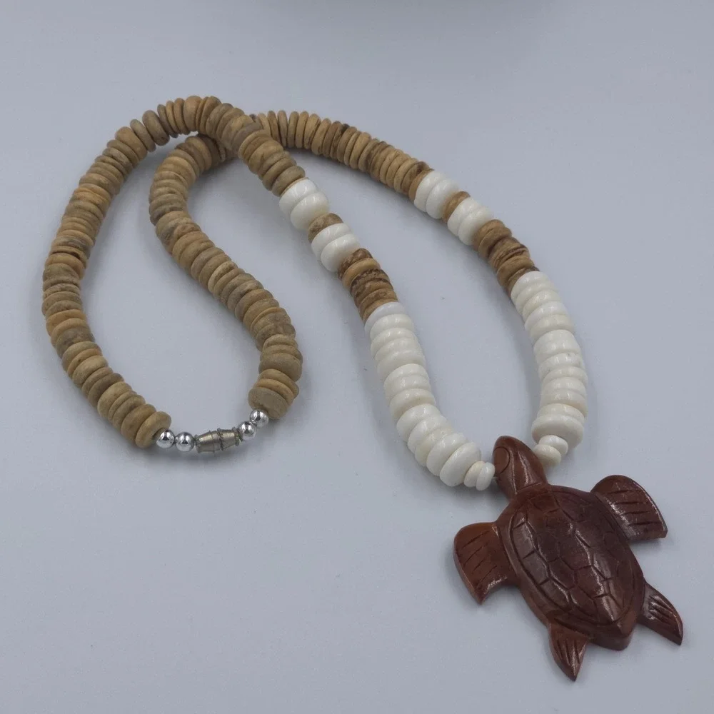 Puka Shell Necklace Hand Carved Wood Sea Turtle Pendant Brown White